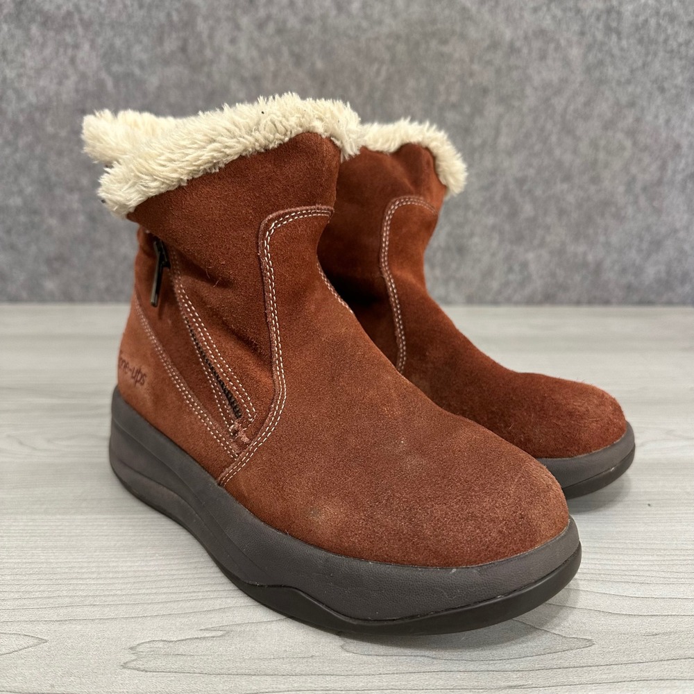 Skechers Tone-Ups Boots Womens 6 Rust Brown Suede Faux Fur Zip Ankle Wedge